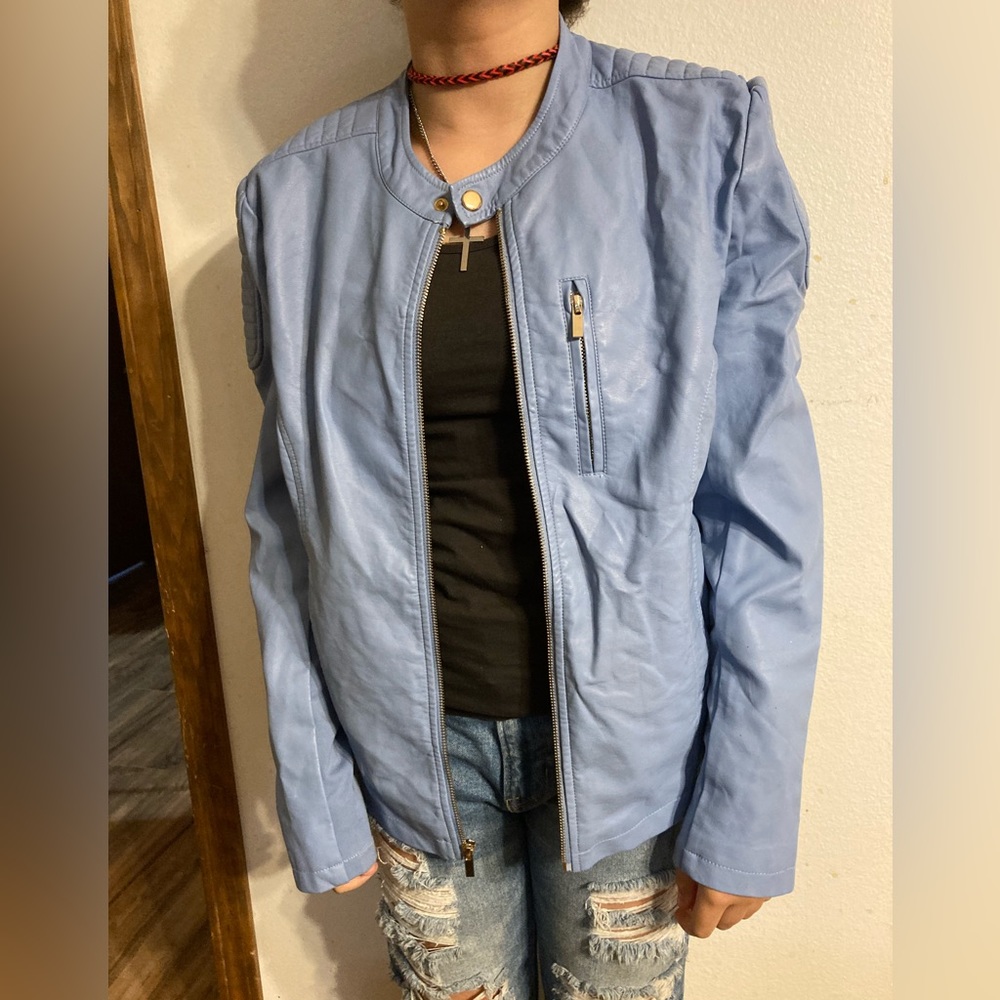 Just Fab faux leather moto jacket in light blue. Size XL.